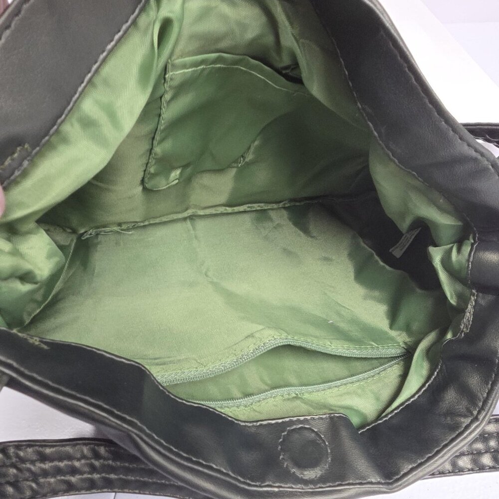 Faux Leather Shoulder Bag Womens Green Hobo Tote Purse Copper Stitching - Picture 7 of 9